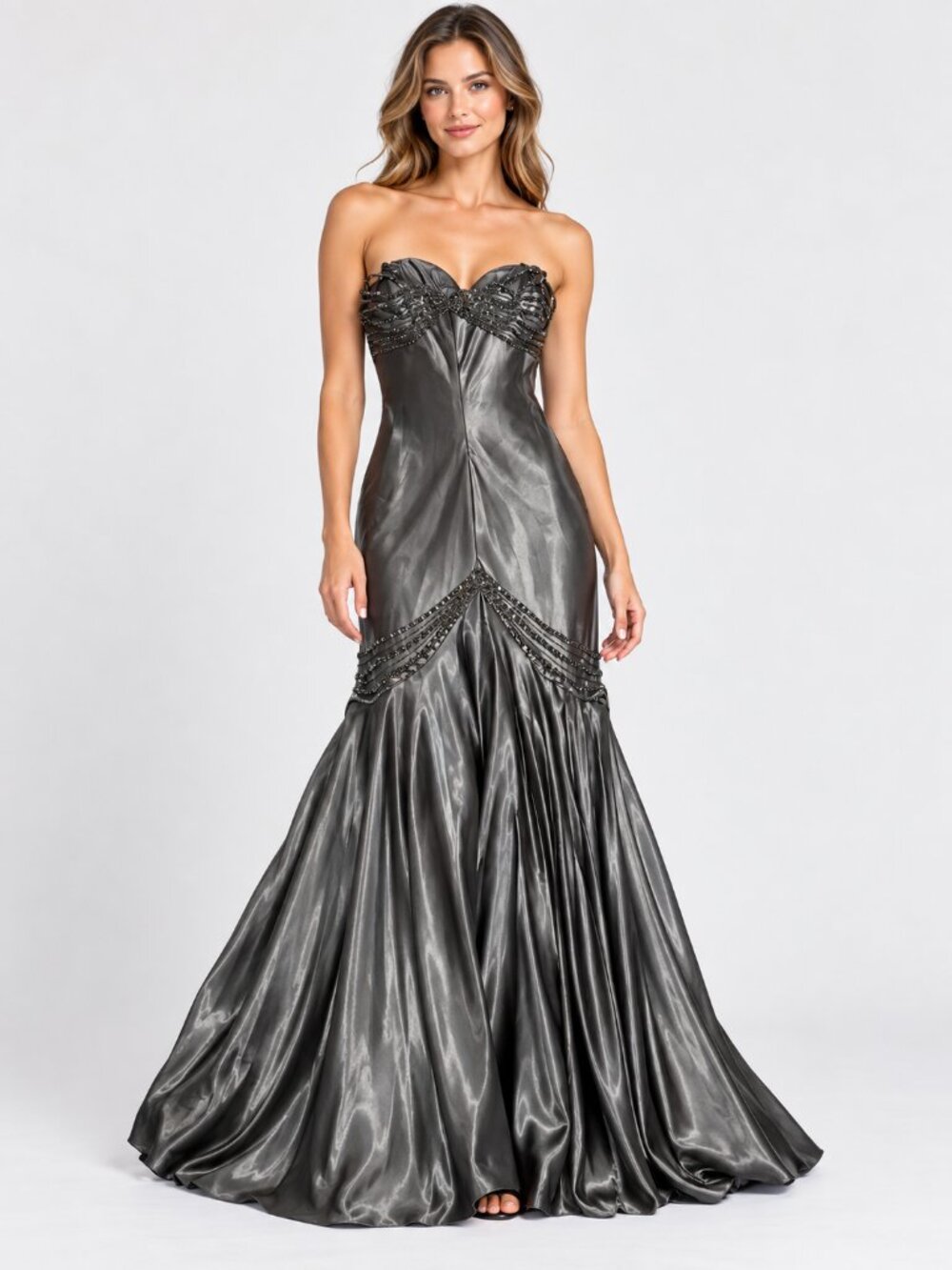 Camilla La Vie Elegant Silver Gray Statement Making Formal Gown